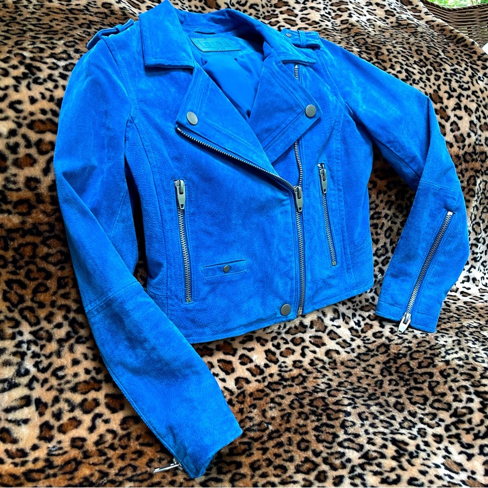SL8 Blank NYC Suede Leather Moto Biker Jacket Electric Blue XS